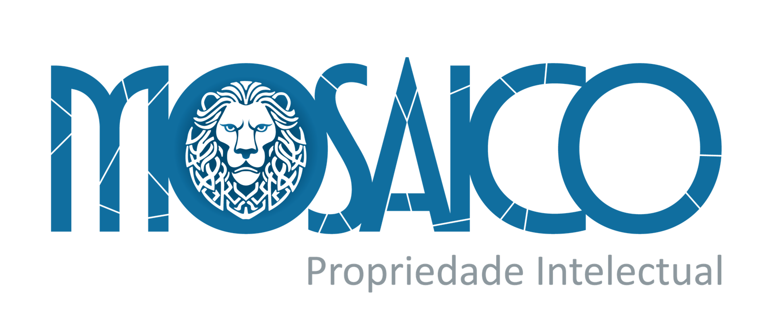 Logotipo da Mosaico Propriedade Intelectual, com brasão de leão em mosaico azul