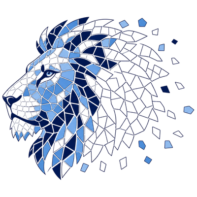 Leão em mosaico geométrico azul-marinho, parcialmente montado, simbolizando a construção progressiva da proteção de propriedade intelectual pela Mosaico