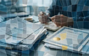 Mesa com uma pilha de documentos de abertura de empresa ao lado de um certificado de registro de marca com selo dourado, e uma pessoa em dúvida com um ponto de interrogação no caderno
